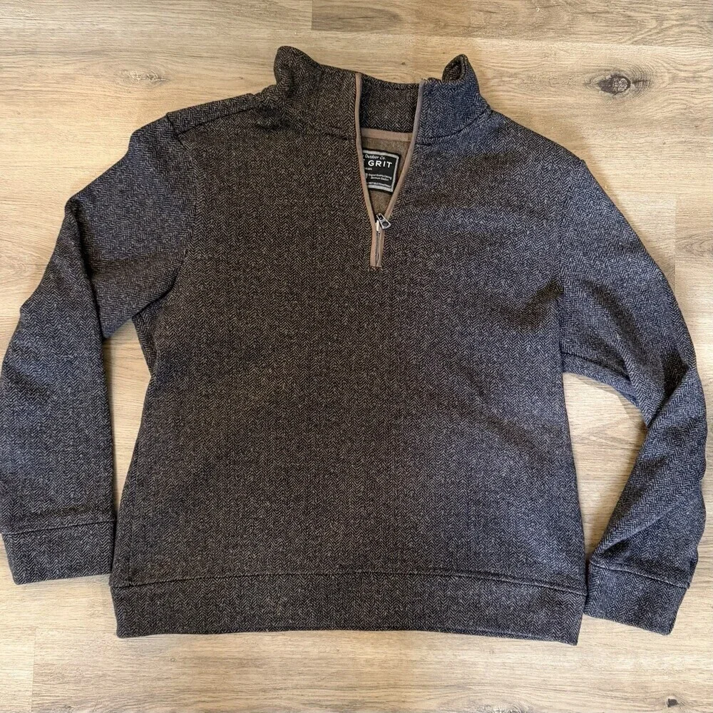 True Grit Mens Medium 1/2 Zip Pullover Brown Herringbone Knit Sweater